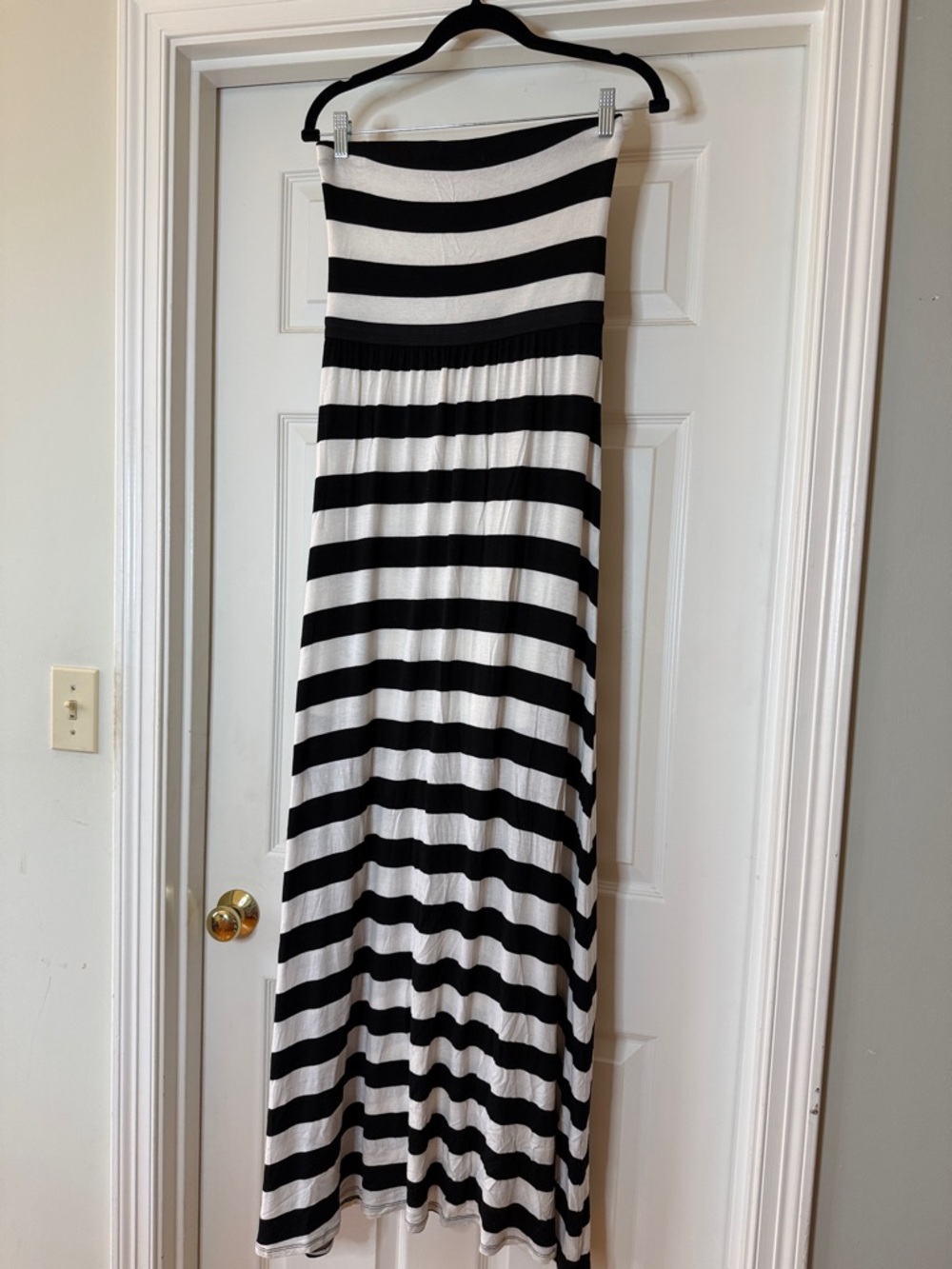 Red Haute Black and White Striped Strapless Maxi Dress